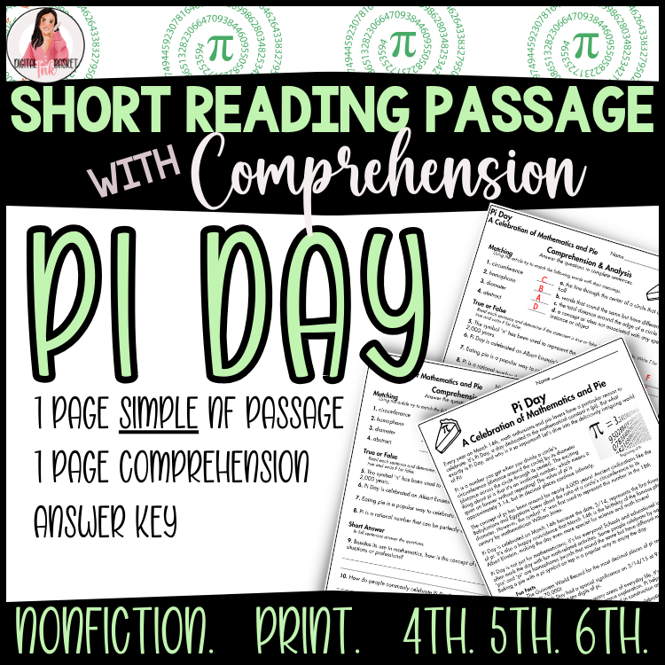Pi Day March nonfiction reading passage for 4-6 grade with comprehension