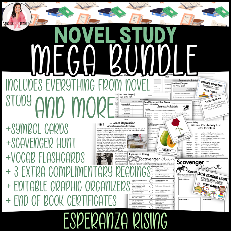 MEGA bundle of esperanza rising novel study, comprehension, vocabulary, bookmarks, scavenger hunt
