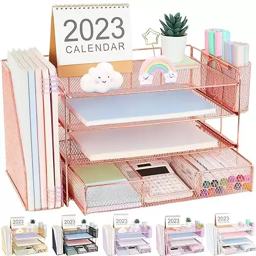 OPNICE Desk Organizers and Accessories, Desk Organizer with Drawer, 4-Tier Paper Tray Organizer with 2 Pen Holders + File Holder, Office Desk Accessories for Office Supplies(Rose Gold)