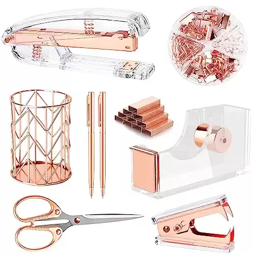 Famassi Rose Gold Desk Accessories Office Supplies Set Acrylic Stapler Set Staple Remover, Tape Holder, 2 Ballpoint Pen, Scissor, Binder/Paper Clips and 1000pcs Staples.