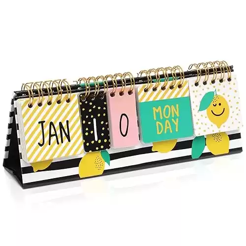 Paper Junkie Lemon Perpetual Flip Calendar for Office Desktop, Classroom Supplies, Desk Calendar with Day, Date, and Month Display for Planning, Home, Kitchen Decor (8 x 3.5 Inches)