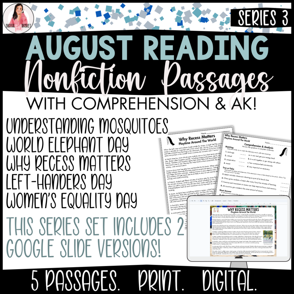 August Nonfiction Reading Passage Set Series 3 PDF & Google Slides 4-6