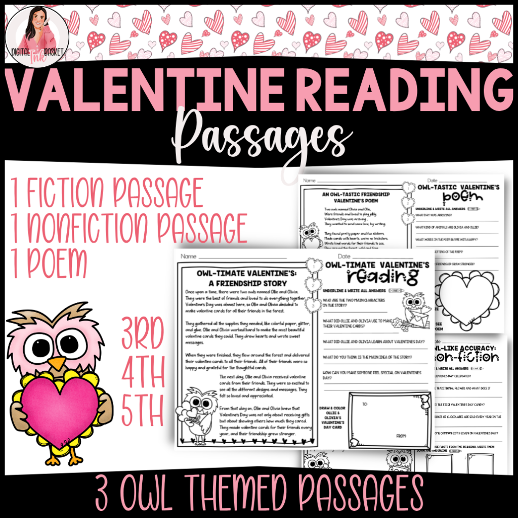 Valentines Day Reading Passages activities 3-5 grade