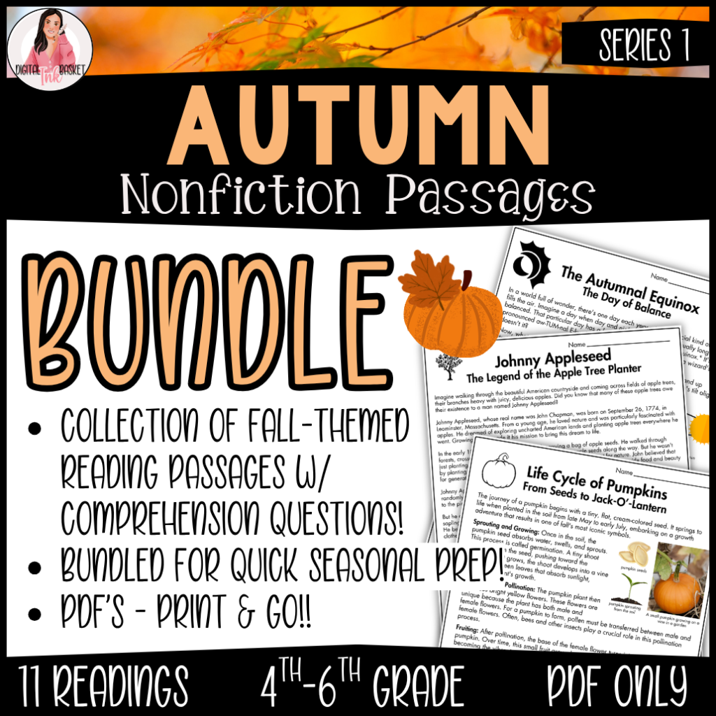 11 autumn Themed nonfiction reading passages for 4-6 grade