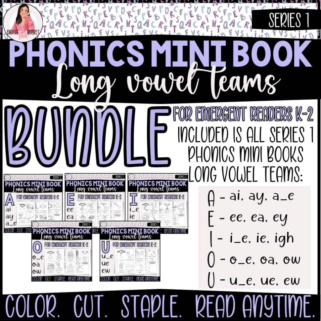 phonics mini books bundle A E I O U long vowel teams k-2