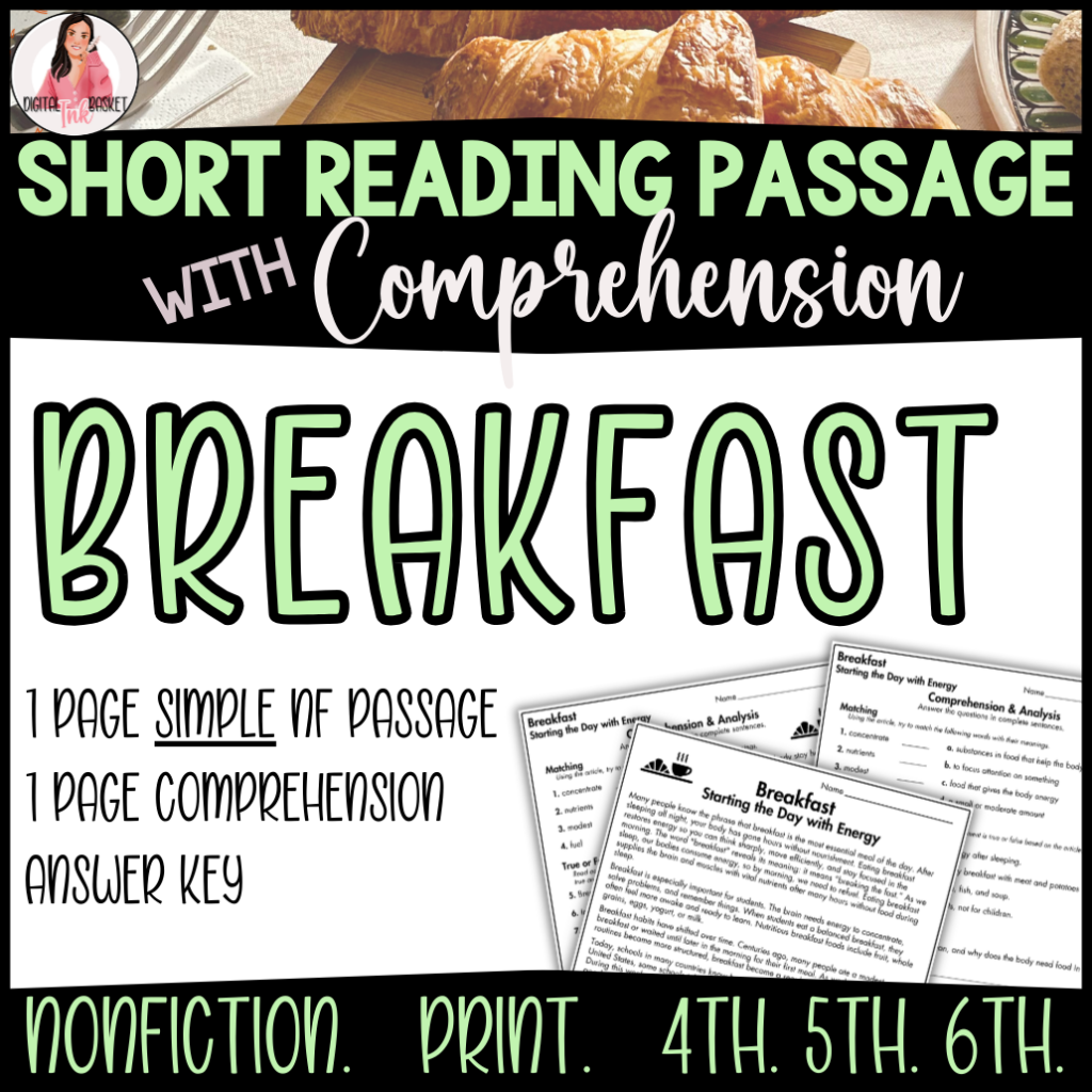 Breakfast Reading Passage for 4th-6th grade