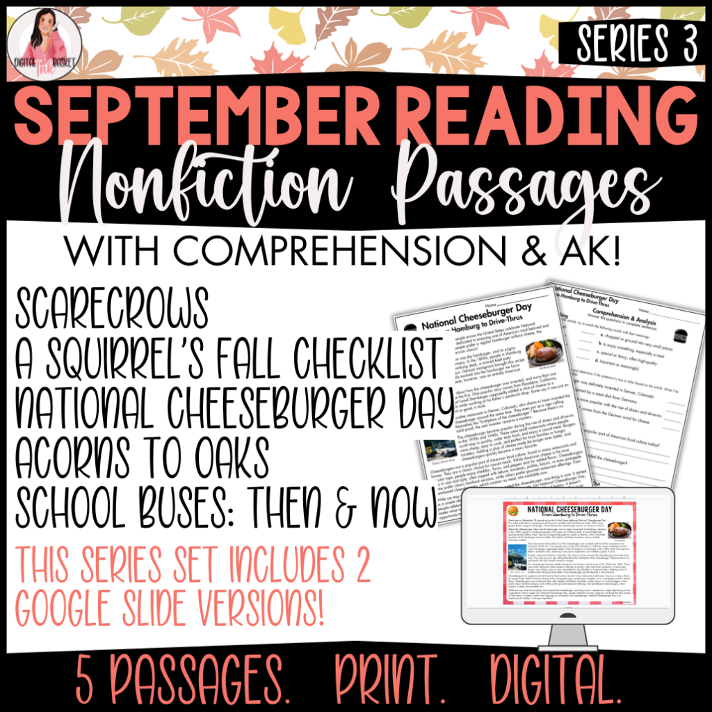September Nonfiction Reading Passage Set Series 3 PDF & Google Slides 4-6