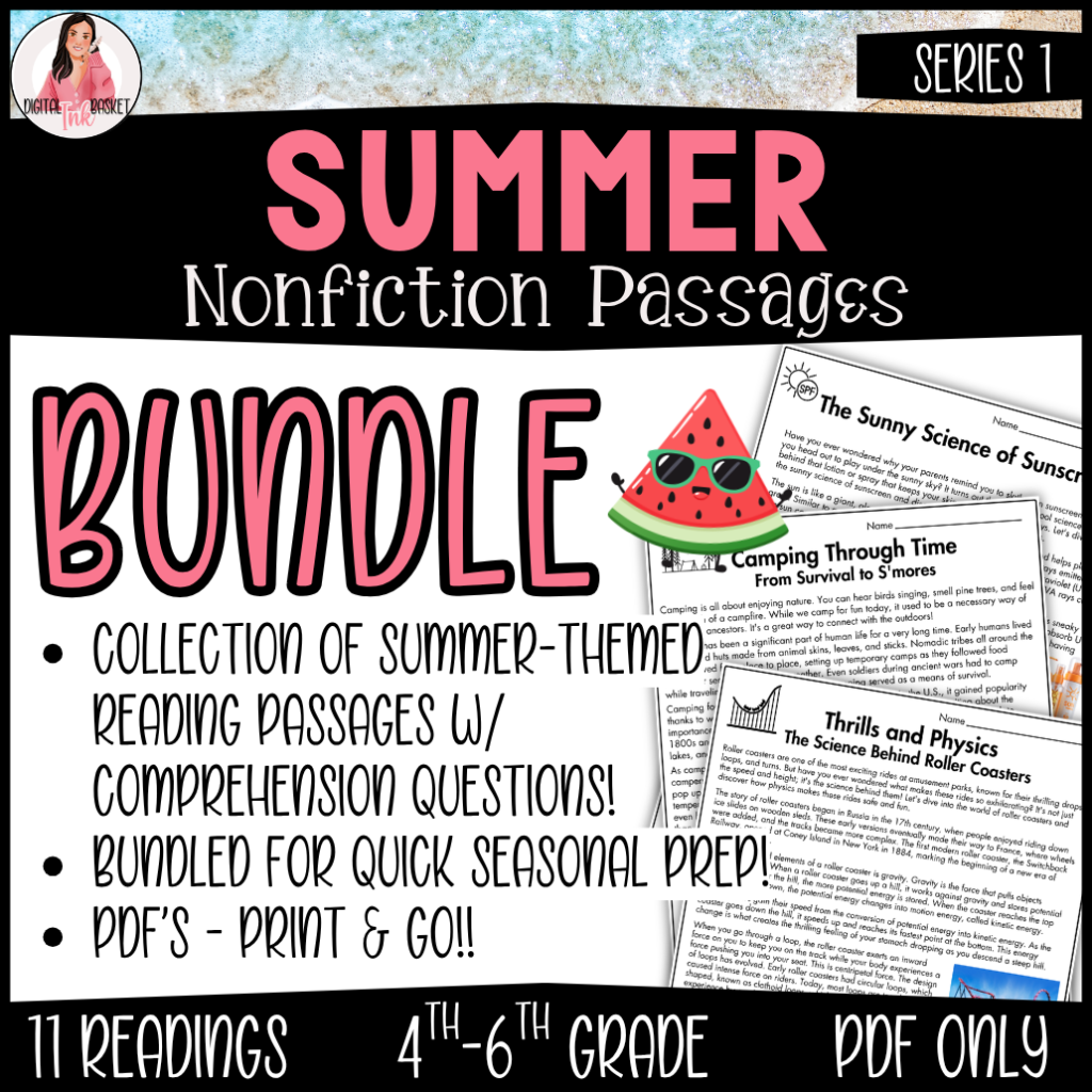 Summer reading passages PDF set bundle nonfiction for 4-6