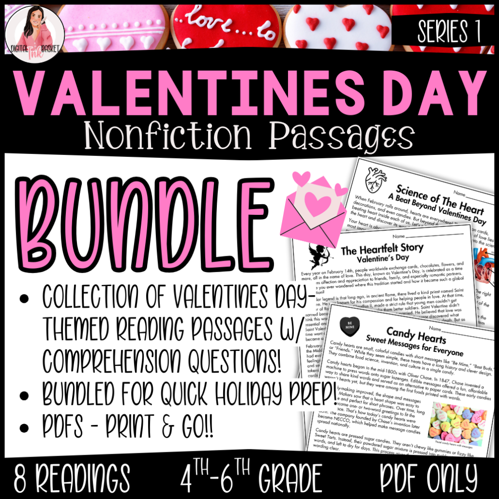 Valentines day nonfiction reading passage set with comprehension for 4-6