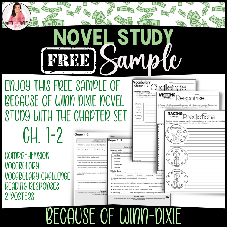 Free sample of Because of Winn Dixie Novel Study 4-6 grade