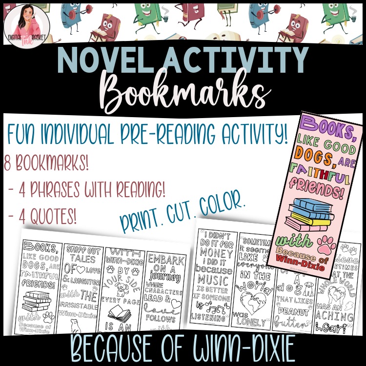 Because of Winn Dixie Activity Novel Study Bookmarks - printable bookmarks for grades 3-5