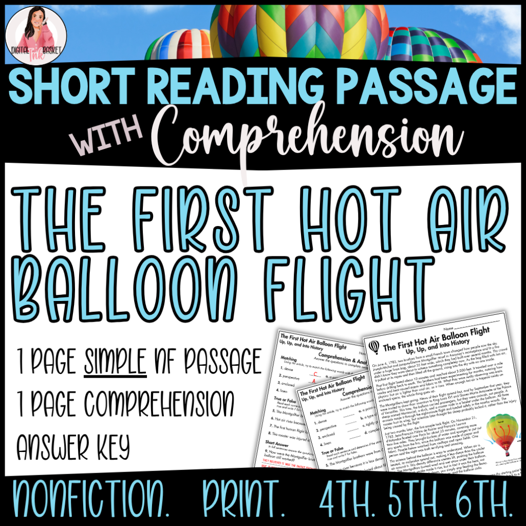 The First Hot Air Balloon Flight Reading Passage 4-6th grade nonfiction