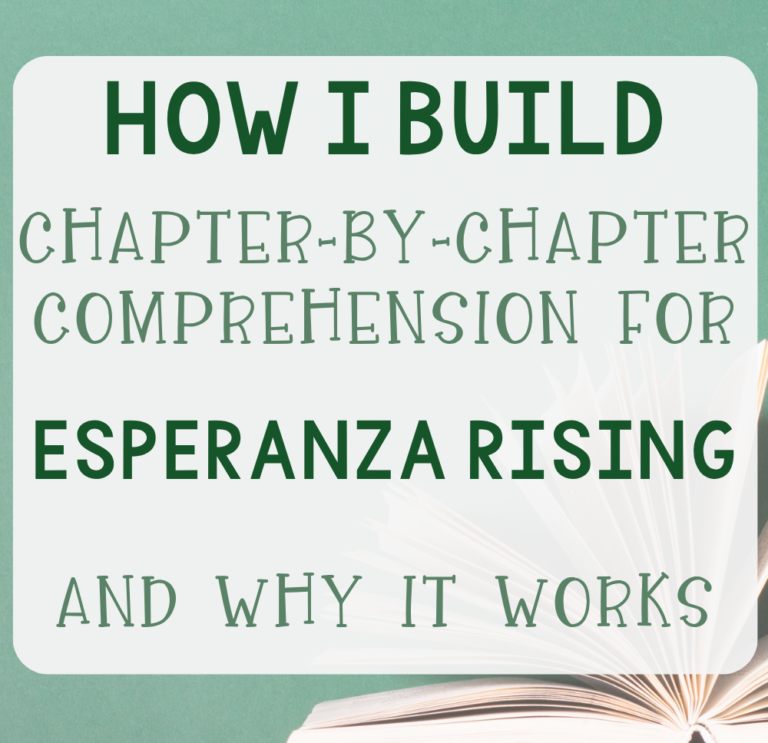 Blog post graphic with stacked books and open book on a teal background with the text How I Build Chapter-by-Chapter Comprehension for Esperanza Rising and Why It Works by Digital Ink Basket